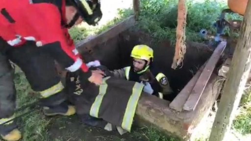 Bomberos rescatan a cachorro que cayó a un pozo